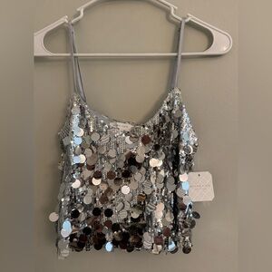 Altar'd State Silver Sequin Spaghetti Strap Crop Top